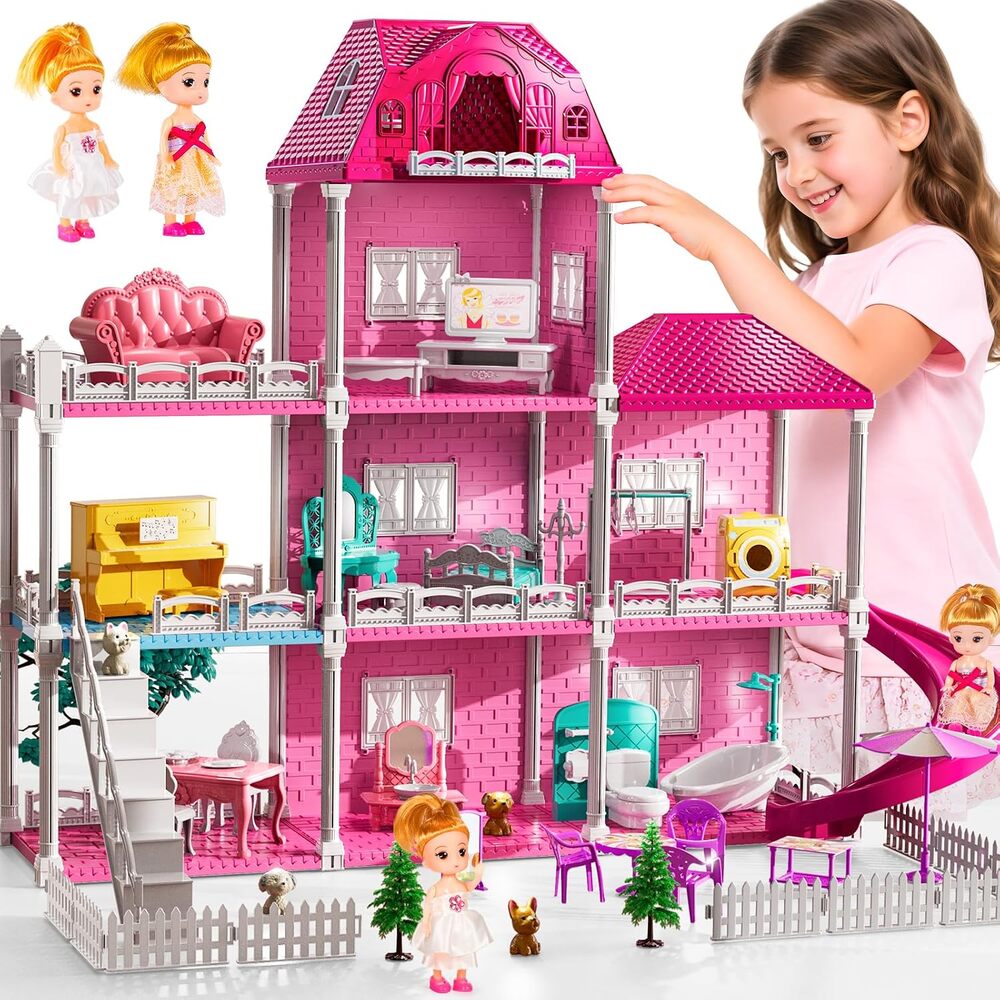 JUKUDAHU Pink Villa Dollhouse Playset with Dolls Furniture & Accessories